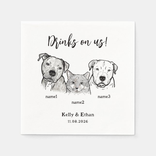 Cute 3 Pets Drinks on Us Dog Cat Wedding  Napkin (Front)