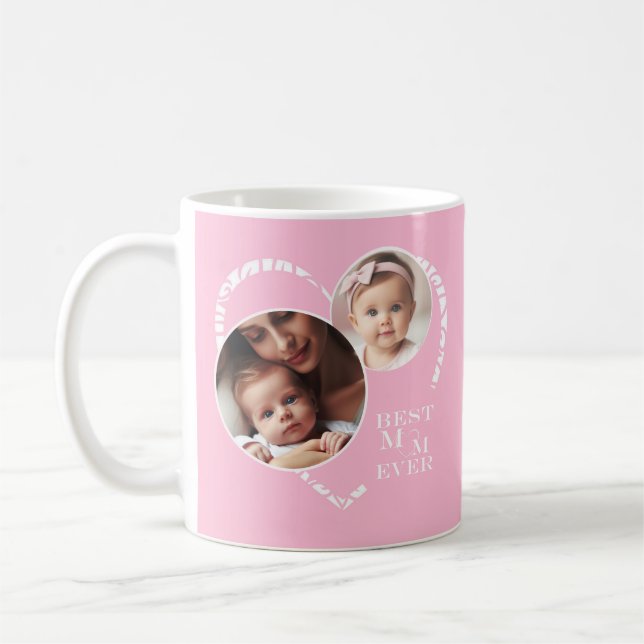 Cute 3-Photo Pink & White Heart, "Best Mum Ever" Coffee Mug (Left)