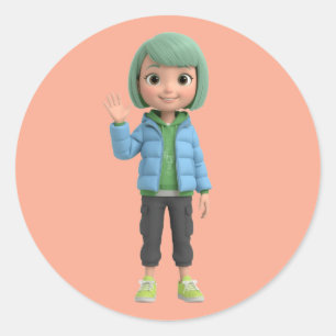 Cute 3D Anime Girl Waving Blue Puffer Jacket Die-C Classic Round Sticker