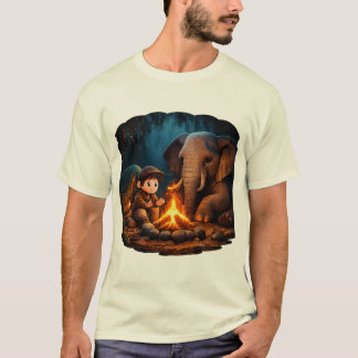 “Cute 3D Boy & Elephant Campfire Sticker in Dark J T-Shirt