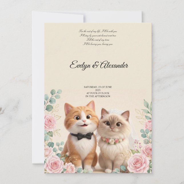 Cute 3D Cat Bride and Groom Cream Wedding Invitation (Front)