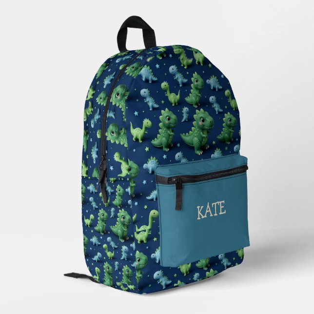 Cute 3D Dinosaur Pattern Navy Blue Personalised Ki Printed Backpack (Back Corner Left)