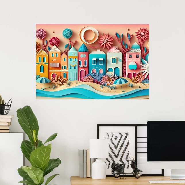cute 3d effect beach house poster (Home Office)