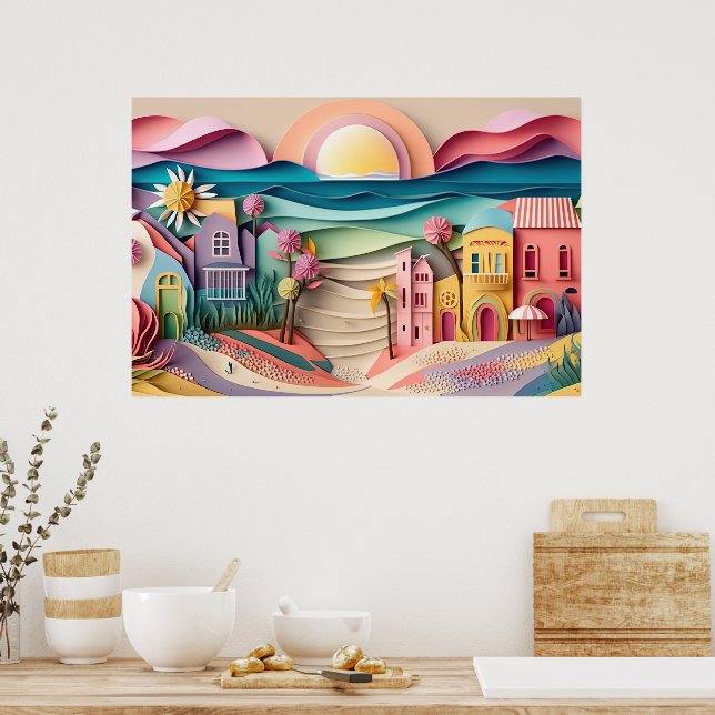 cute 3d effect beach house  poster (Kitchen)