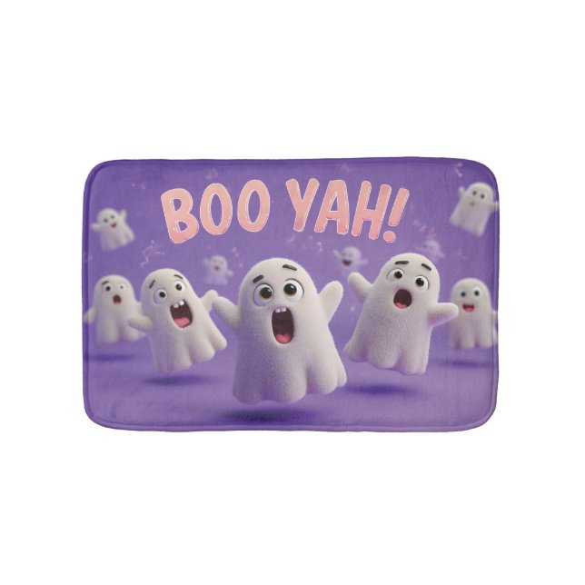 Cute 3D Fuzzy Ghost Characters Yelling Boo Yah!  Bath Mat (Front)