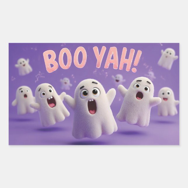 Cute 3D Fuzzy Ghost Characters Yelling Boo Yah!  Rectangular Sticker (Front)