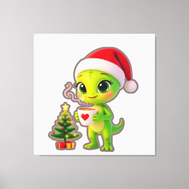 **Cute 3D Green Alien in Santa Hat with Hot Chocol Canvas Print (Front)