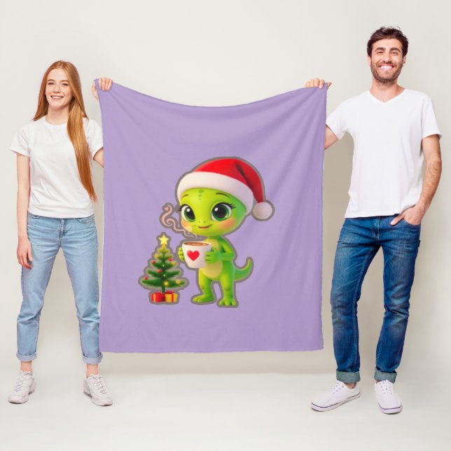 **Cute 3D Green Alien in Santa Hat with Hot Chocol Fleece Blanket (In Situ)