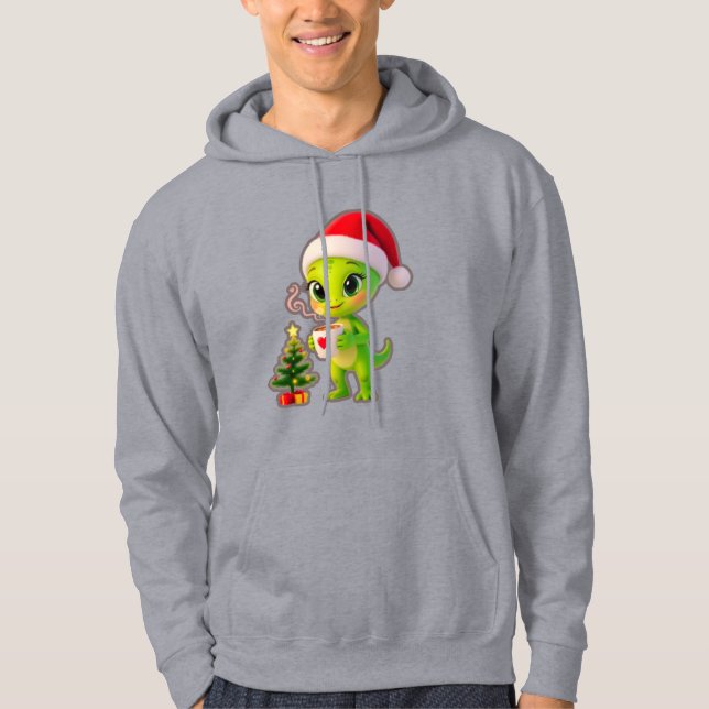 **Cute 3D Green Alien in Santa Hat with Hot Chocol Hoodie (Front)
