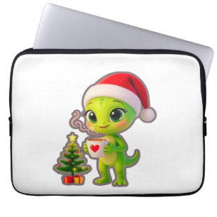 **Cute 3D Green Alien in Santa Hat with Hot Chocol Laptop Sleeve