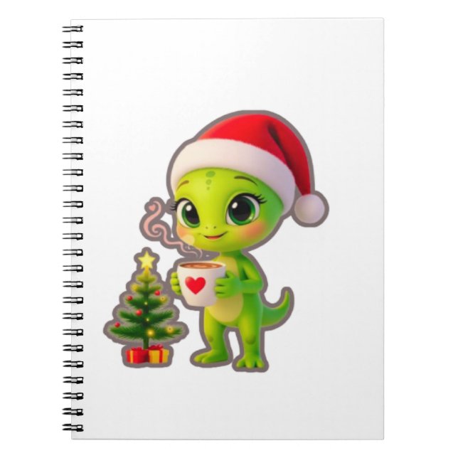 **Cute 3D Green Alien in Santa Hat with Hot Chocol Notebook (Front)