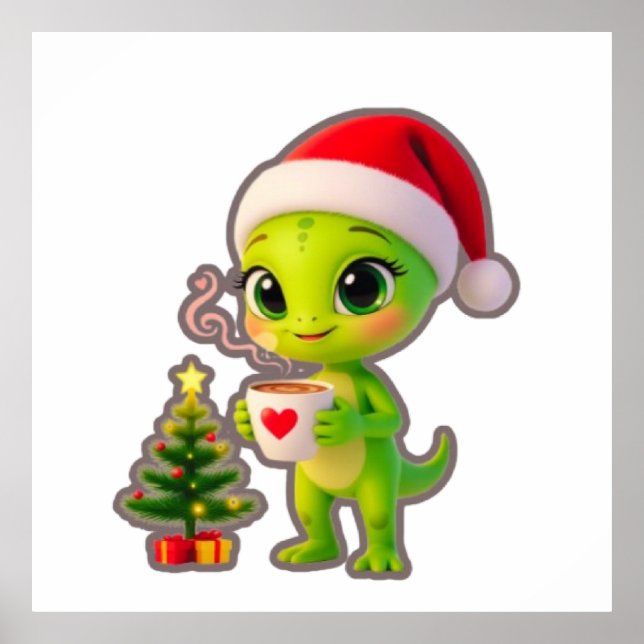 **Cute 3D Green Alien in Santa Hat with Hot Chocol Poster (Front)