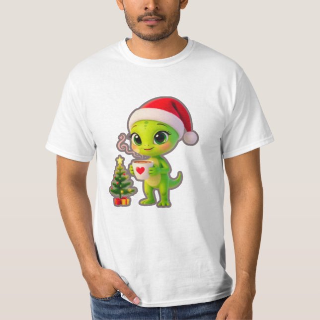 **Cute 3D Green Alien in Santa Hat with Hot Chocol T-Shirt (Front)