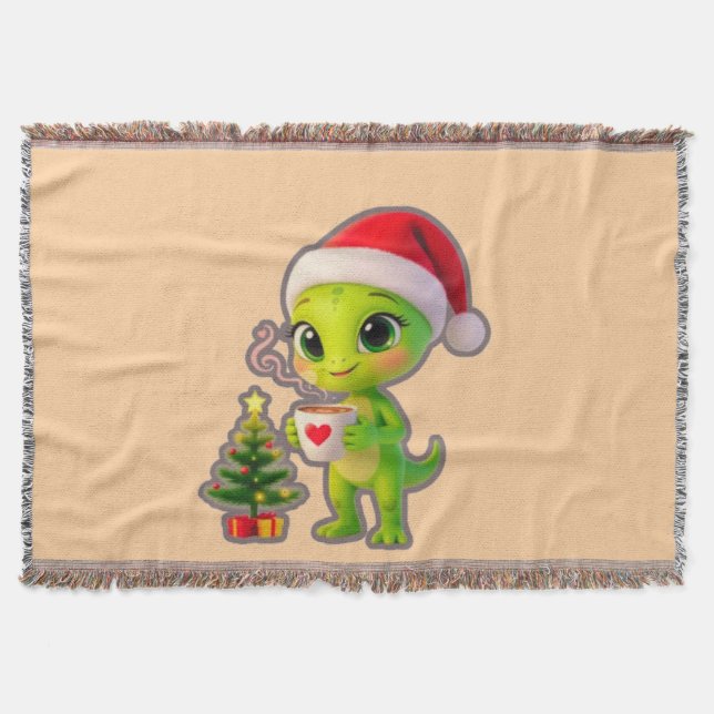 **Cute 3D Green Alien in Santa Hat with Hot Chocol Throw Blanket (Front)