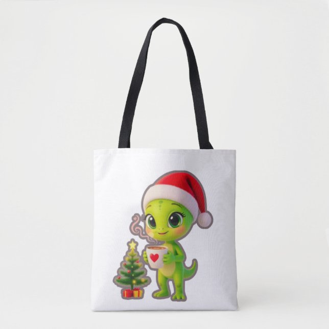 **Cute 3D Green Alien in Santa Hat with Hot Chocol Tote Bag (Front)