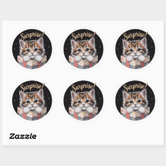 Cute 3D Kitten Surprise Gift Box Birthday Round St Classic Round Sticker