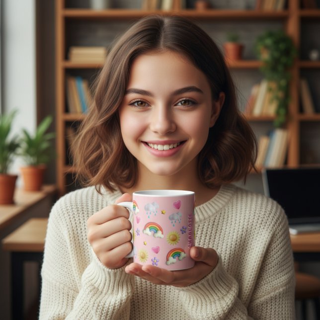 Cute 3D Name Rainbow Clouds Stars Sun & Heart Mug (Cute 3D Inflated Puff Raibow, Heart, Clouds, Flower, Stars & Sun Pattern Personalized Girl's Name)
