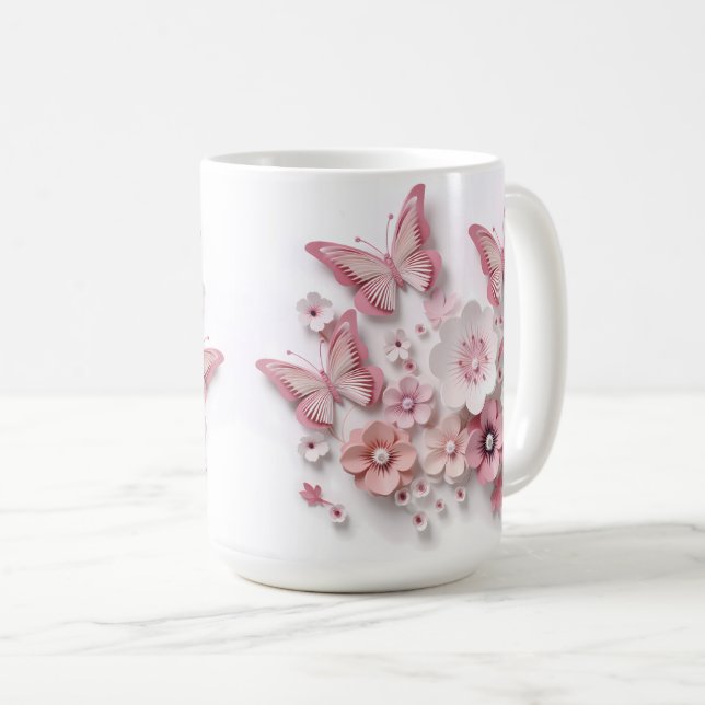 Cute 3D Pink Butterfly Wrap Coffee Mug (Front Right)