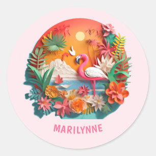 Cute 3D Pink Flamingo Back To School Classic Round Sticker