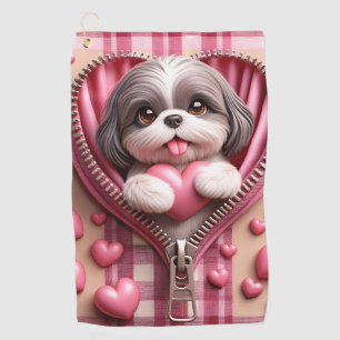 Cute 3D Puppy in a Pink and White Background (12) Golf Towel