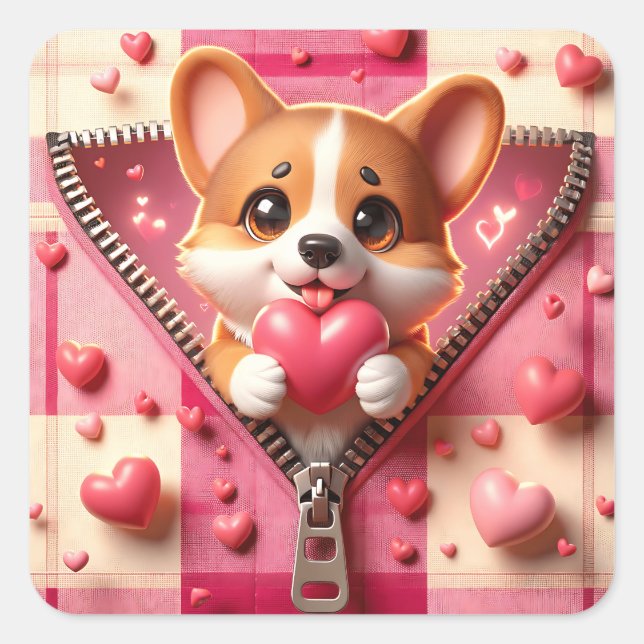 Cute 3D Puppy in a Pink and White Background (24) Square Sticker (Front)