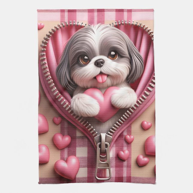 Cute 3D Shih Tzu in a Pink and White Background Tea Towel (Vertical)