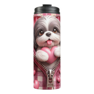 Cute 3D Shih Tzu in a Pink and White Background Thermal Tumbler