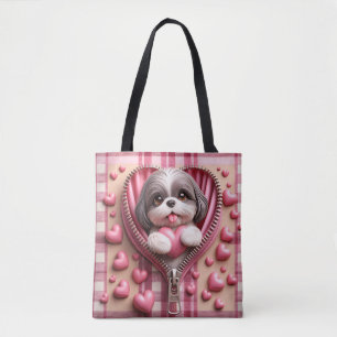 Cute 3D Shih Tzu in a Pink and White Background Tote Bag