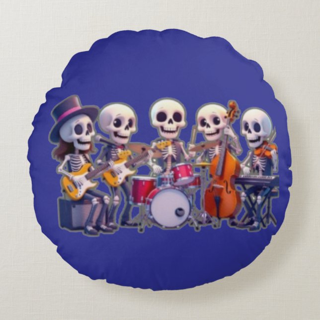 Cute 3D Skeleton Music Band – Adorable Cartoon Con Round Cushion (Front)