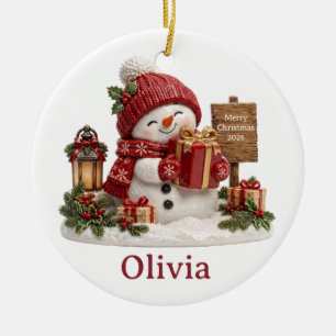 Cute 3D Snowman Glowing Lantern Custom Name Ceramic Tree Decoration