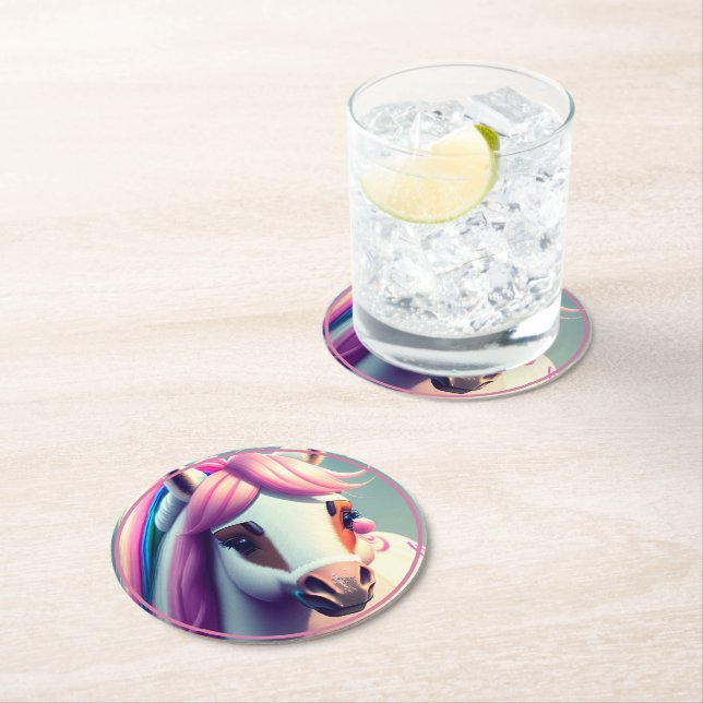 Cute 3D Spirit Pony 2 Round Paper Coaster (Insitu)