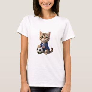 Cute 3D Tabby Cat Soccer Mascot USA Blue Jersey T-Shirt