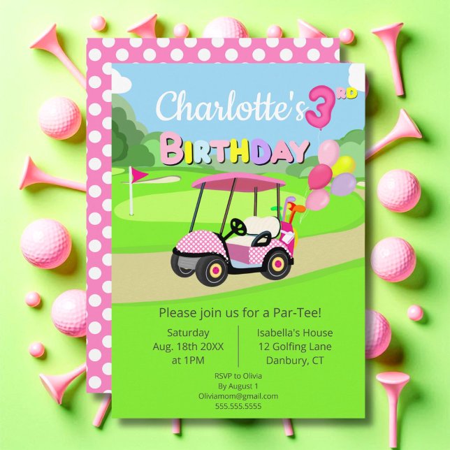 Cute 3rd Birthday Polka Dot Pink Girly Golf  Invitation (Creator Uploaded)