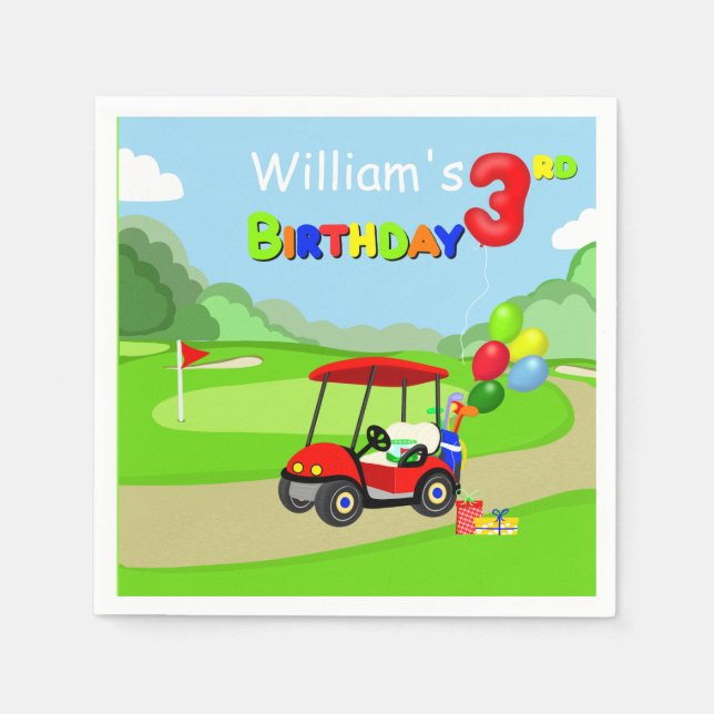 Cute 3rd Birthday Red Golf Cart Boy's Napkin (Front)