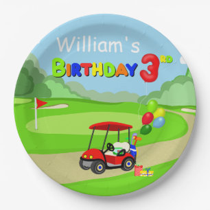 Cute 3rd Birthday Red Golf Cart Boy's Paper Plate