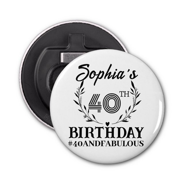 Cute 40th Birthday Celebration Name Black Text Bottle Opener (Front)