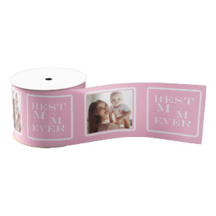 Cute 4-Photo "Best Mum Ever" Heart Pink White Grosgrain Ribbon