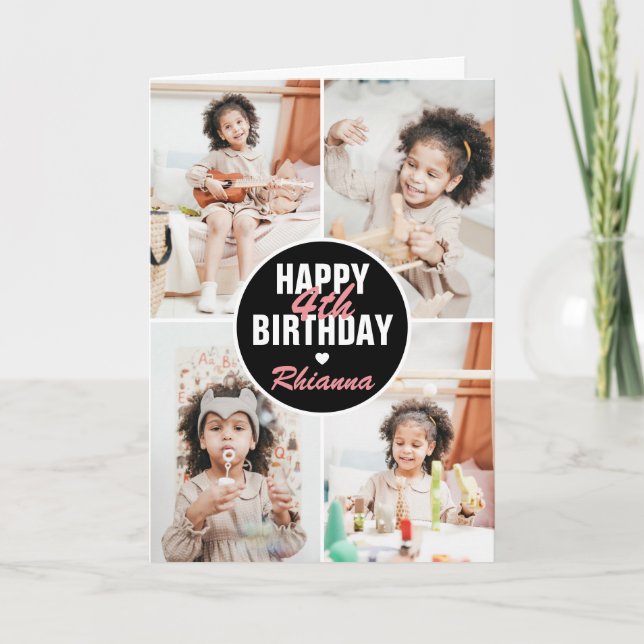 Cute 4 Photo Birthday Card Any Age | Custom Colour (Front)