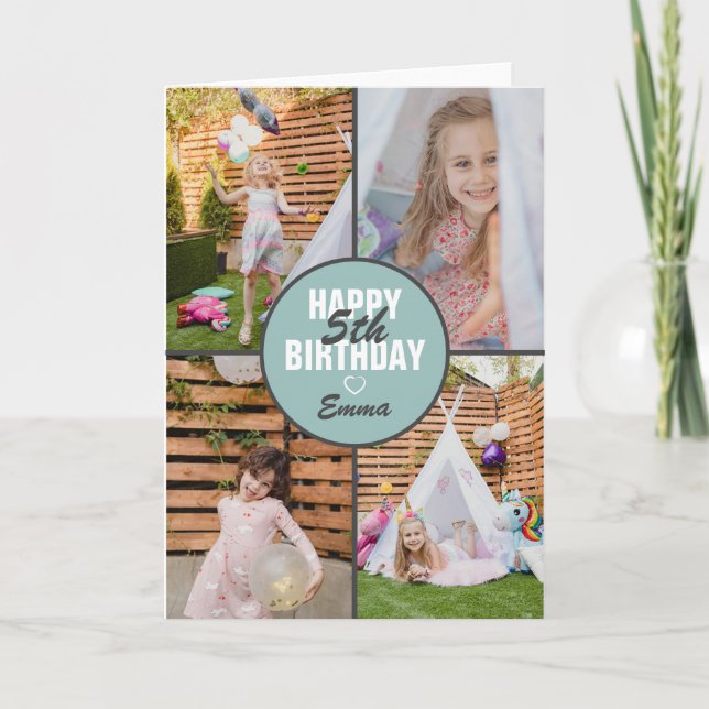 Cute 4 Photo Birthday Card Any Age | Custom Colour (Front)