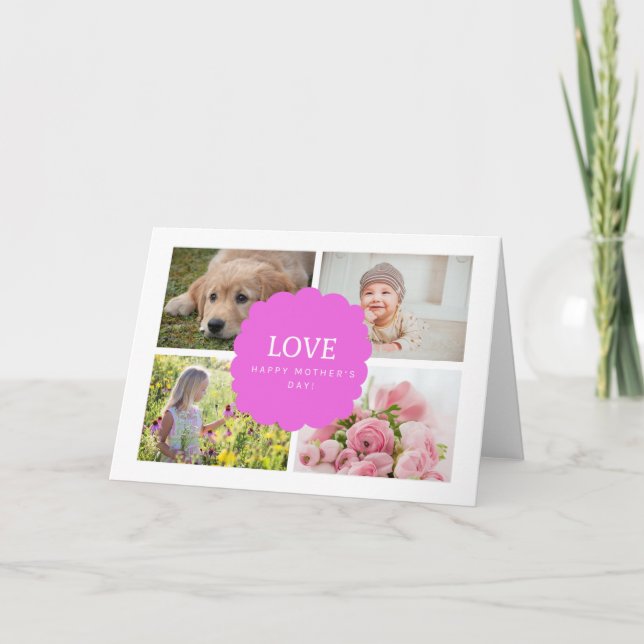 Cute 4 Photo Collage Pink White Mother's Day Card (Front)