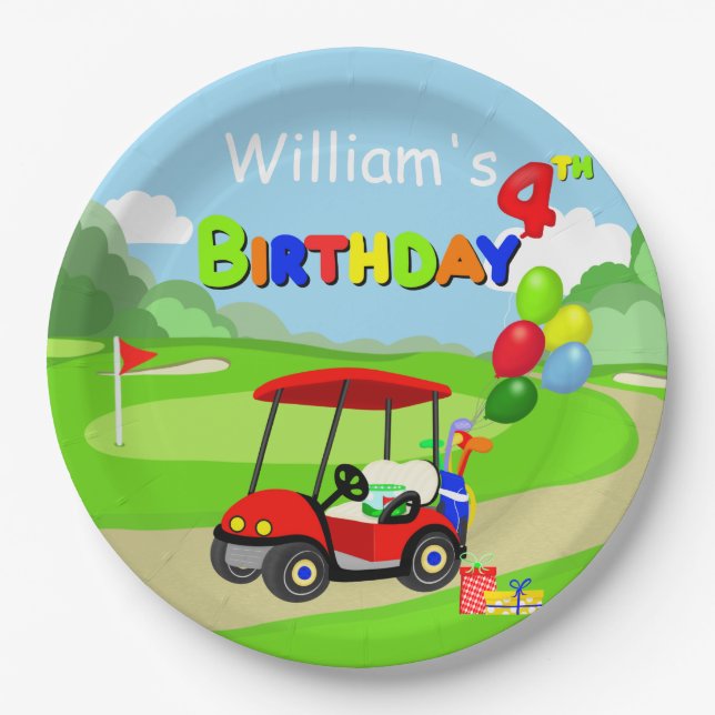  Cute 4th Birthday Red Golf Cart Boy's Paper Plate (Front)