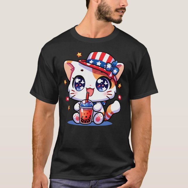 Cute 4th of July Cat Shirt Girls Kids Kawaii Anime (Front)