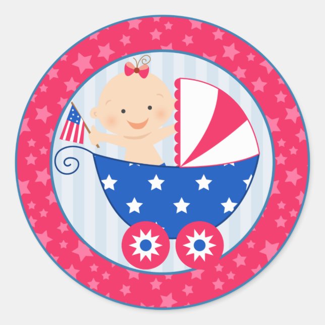 Cute 4th of July Patriotic Baby Girl Baby Shower Classic Round Sticker (Front)