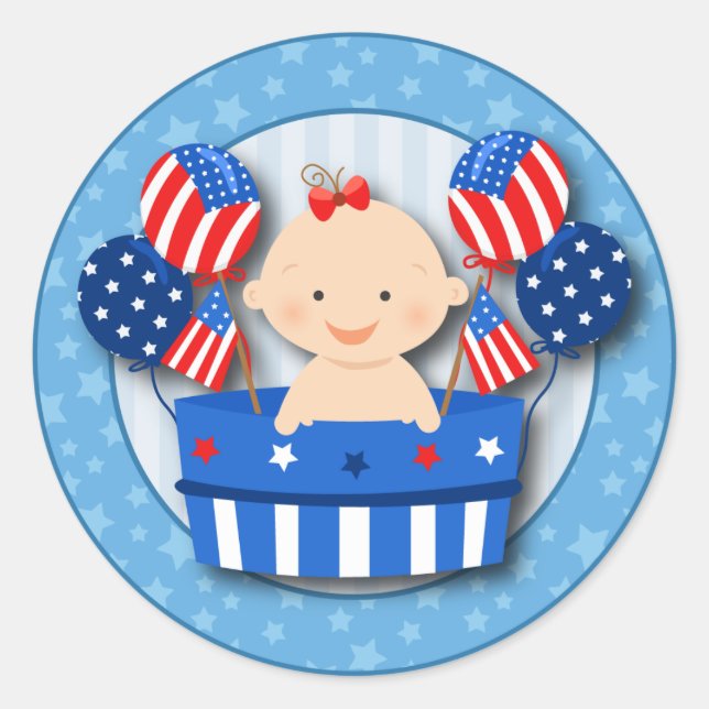 Cute 4th of July Patriotic Baby Girl Baby Shower Classic Round Sticker (Front)