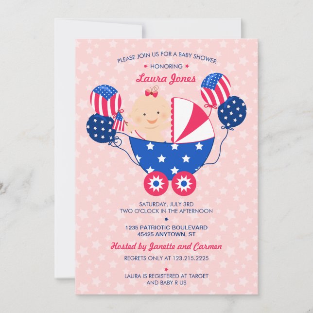 Cute 4th of July Patriotic Baby Girl Baby Shower Invitation (Front)