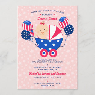 Cute 4th of July Patriotic Baby Girl Baby Shower Invitation