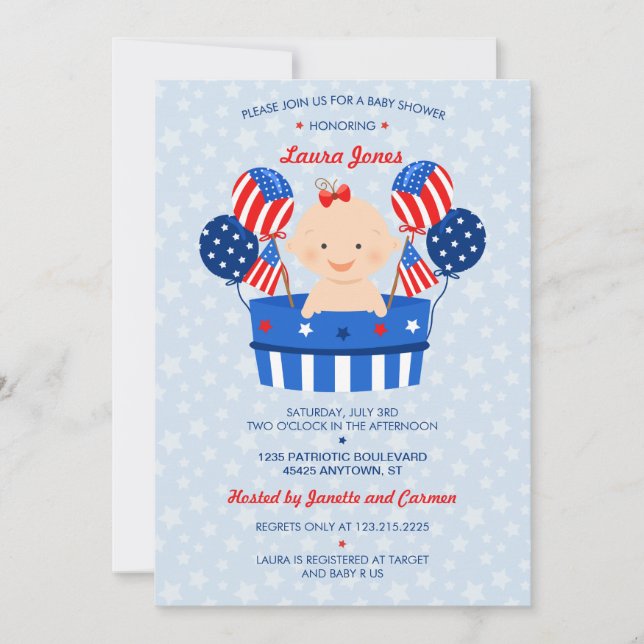 Cute 4th of July Patriotic Baby Girl Baby Shower Invitation (Front)
