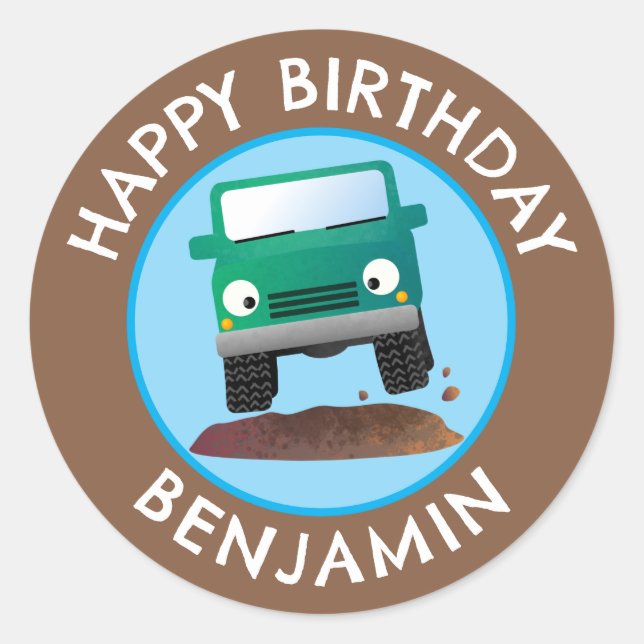 Cute 4X4 off road vehicle cartoon personalised Classic Round Sticker (Front)