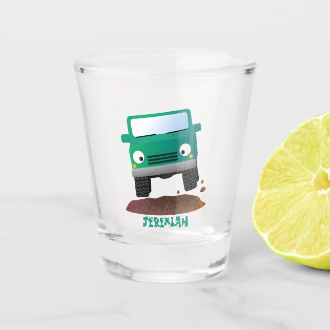 Cute 4X4 offroad vehicle cartoon car Shot Glass (Front)