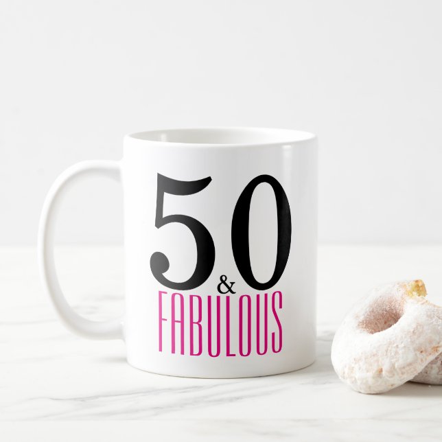 Cute 50 and Fabulous Birthday Gift Mug Pink/Black (With Donut)